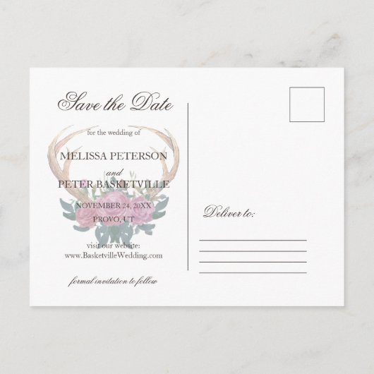 Antler Reh rustikal schick Save the Date Postkarte (Rückseite)