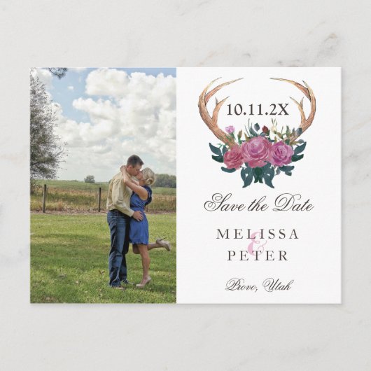 Antler Reh rustikal schick Save the Date Postkarte (Vorderseite)