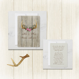 Antler und rosa Rosen Rustikale Hochzeitseinladung Einladung