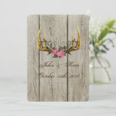 Antler und rosa Rosen Rustikale Hochzeitseinladung Einladung (Stehend Vorderseite)