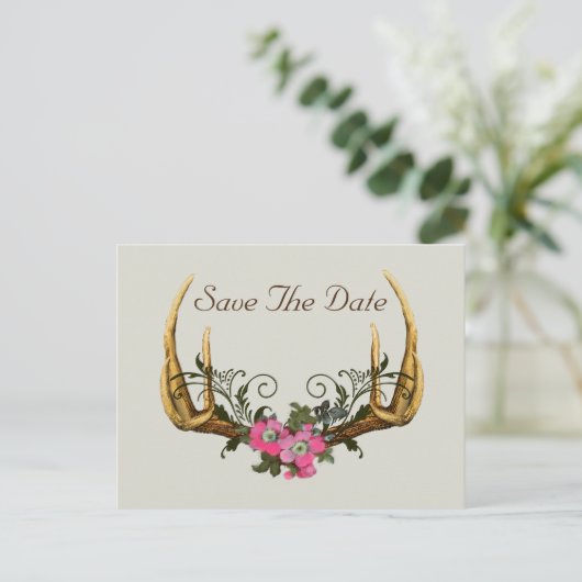 Antler und Rosen Save the Date Postkarte (Stehend Vorderseite)
