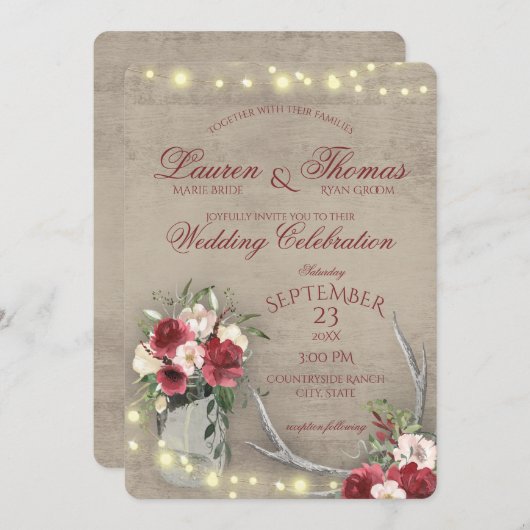 Antler und String Lights Rustic Burgundy Floral I Einladung (Vorne/Hinten)