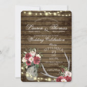 Antler und String Lights Rustic Burgundy Floral I Einladung (Vorderseite)