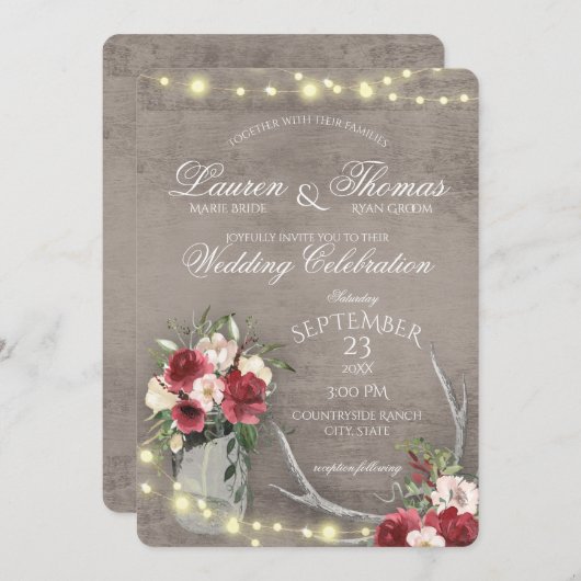 Antler und String Lights Rustic Burgundy Floral I Einladung (Vorne/Hinten)