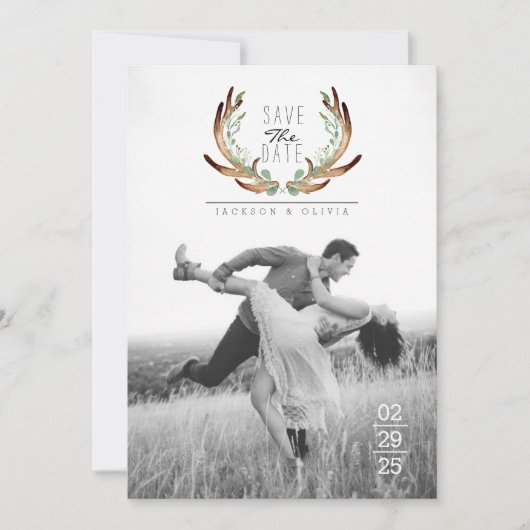 Antler & Vine Wasserfarbe Save the Date Foto (Vorderseite)