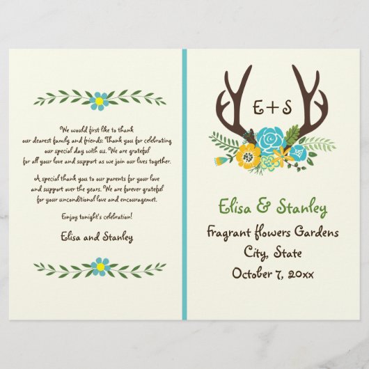 Antlers & aqua Blume Monogramm Hochzeitsprogramm (Vorderseite)