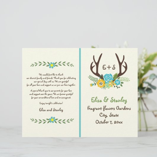 Antlers & aqua Blume Monogramm Hochzeitsprogramm (Stehend Vorderseite)