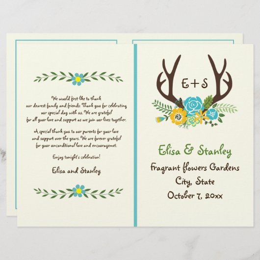 Antlers & aqua Blume Monogramm Hochzeitsprogramm (Vorne/Hinten)
