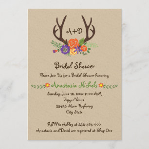 Antlers & Blume monogramm Hochzeitsszenario Brautp Einladung