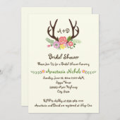 Antlers & Blume monogramm Hochzeitsszenario Brautp Einladung (Vorne/Hinten)