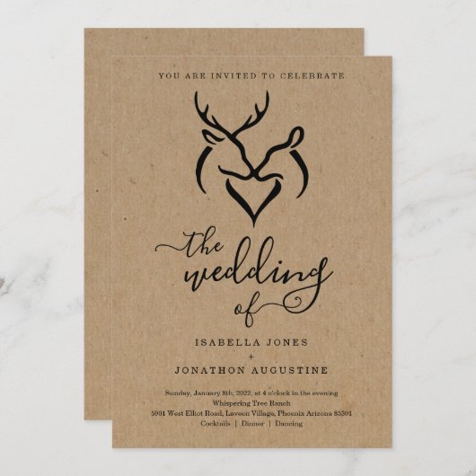 Antlers Doe & Deer Heart Jäger Hochzeit Einladung (Vorne/Hinten)