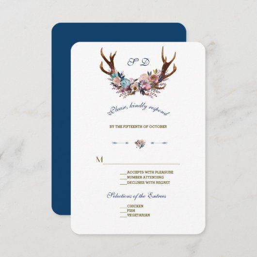 Antlers Dusty Blue Pink Floral | HochzeitsrSVP RSVP Karte (Vorne/Hinten)