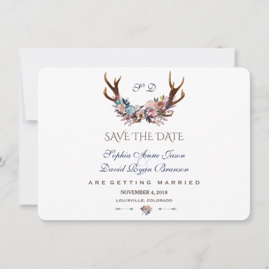Antlers Dusty Blue Pink Floral Save the Date (Vorderseite)
