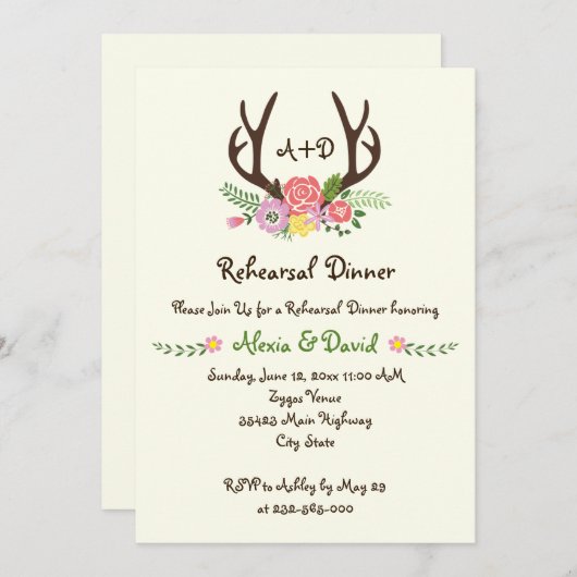 Antlers floral monogram Hochzeit Probe Dinner Einladung (Vorne/Hinten)