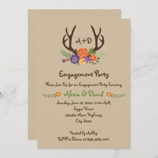 Antlers floral monogramm Hochzeitsfeier Einladung (Vorne/Hinten)