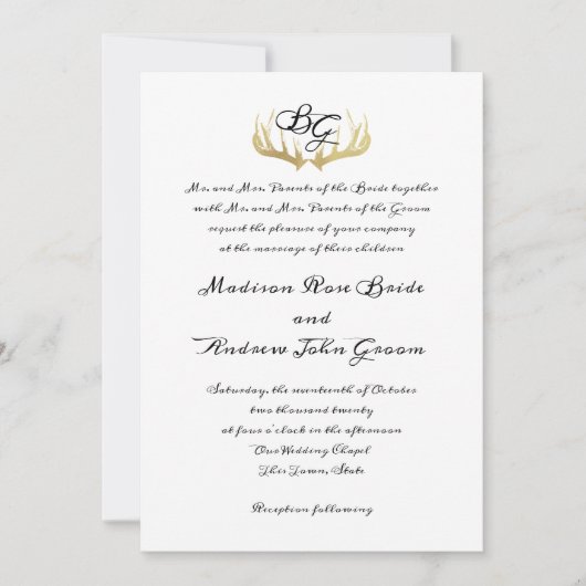 Antlers Monogram und Woodland Trees Wedding Einladung (Vorderseite)
