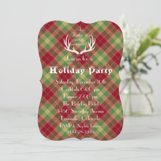 Antlers Red Green Kariert Holiday Party Einladung (Stehend Vorderseite)