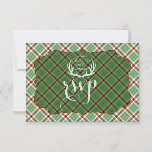 Antlers Red Green Kariert Wedding RSVP Karte