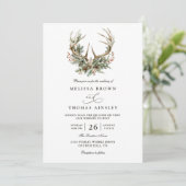 Antlers Rustic Floral Greenery QR Code Wedding Einladung (Stehend Vorderseite)