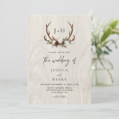 Antlers Rustic Wood Boho Wedding Einladung (Stehend Vorderseite)