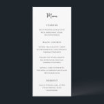 Antonia Black and White Elegante Wedding Menükarte<br><div class="desc">Elegante Hochzeitsmenüs mit einem einfachen Design mit Skript- und Serif-Schriftart.</div>