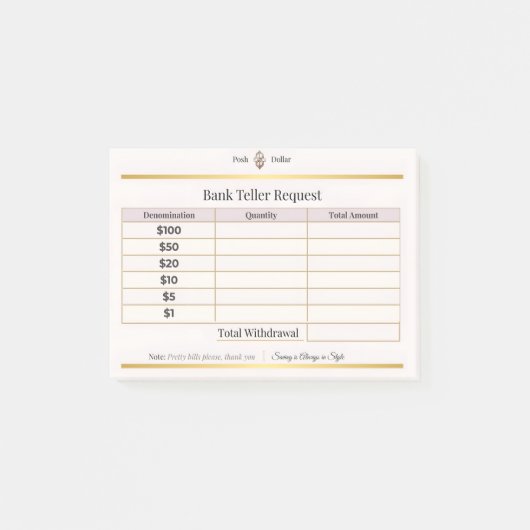 Antragsformular für Bargeldrückzahlungen | Posh Do Post-it Klebezettel (Vorderseite)