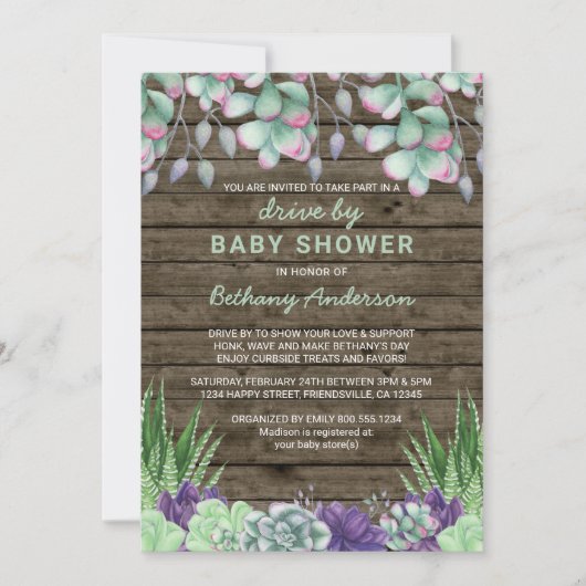 Antrieb durch Babydusche Rustikale Sukkulturen Einladung (Vorderseite)