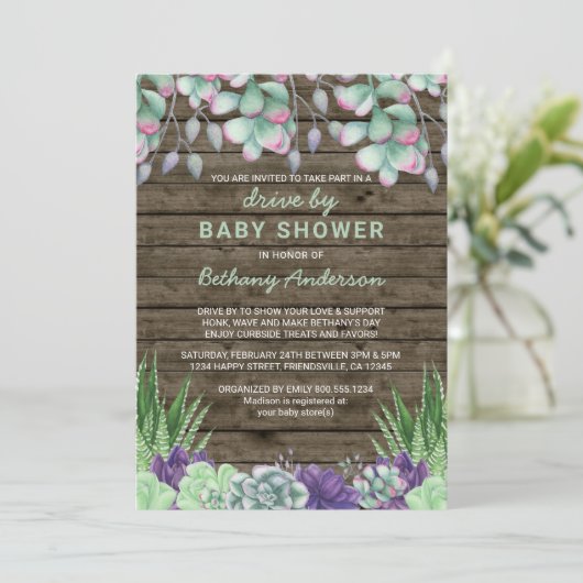 Antrieb durch Babydusche Rustikale Sukkulturen Einladung (Stehend Vorderseite)