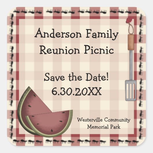 Ants and Watermelon Picnic Save the Date Quadratischer Aufkleber (Vorderseite)