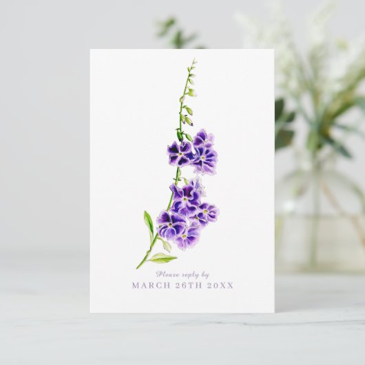 Antwort auf Hochzeitssache violette Blumen Begleitkarte (Stehend Vorderseite)