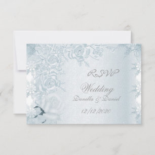 Antwort Hochzeit Weiß Silber Blau Rosen Schneefloc Einladung