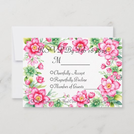 Antwort-Karte mit rosa Blume und Optionen für die RSVP Karte (Vorderseite)