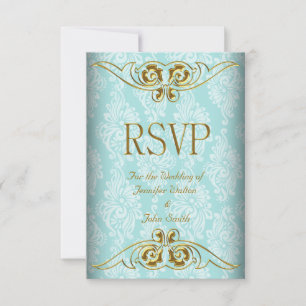 Antwort zur Hochzeit Teal Blau Gold Damast