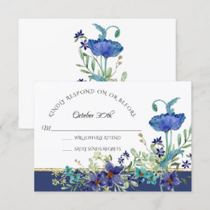 Antworten Sie bitte Hochzeit Blaue Mohnblume Blatt Einladung