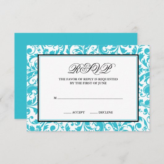 Antwortkarte für aquamarine und schwarze wirbelnde RSVP karte (Vorne/Hinten)