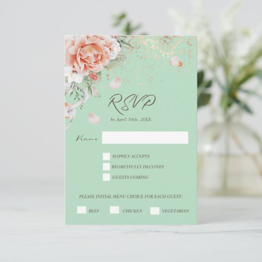 Antwortkarte für das Menü "Mint Green & Floral" RSVP Karte (Stehend Vorderseite)