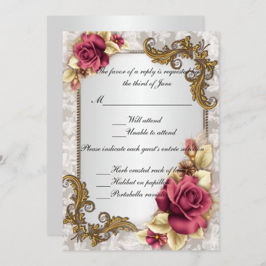 Antwortkarte für Elegante Rote Rosen Einladung (Vorne/Hinten)