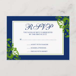Antwortkarte für Navy Blue and Green Blüh Wirbel RSVP Karte