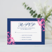 Antwortkarte für Navy Blue and Pink Geblüht Wirbel RSVP Karte (Stehend Vorderseite)
