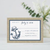 Antwortkarte für Navy Blue und Burlap RSVP Karte (Stehend Vorderseite)