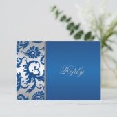 Antwortkarte für Silber und Cobalt Blue Damask RSVP Karte (Stehend Vorderseite)