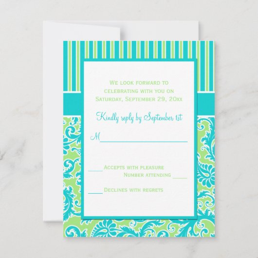 Antwortkarte mit blauem, weißem Streifen auf der D Einladung (Rückseite)