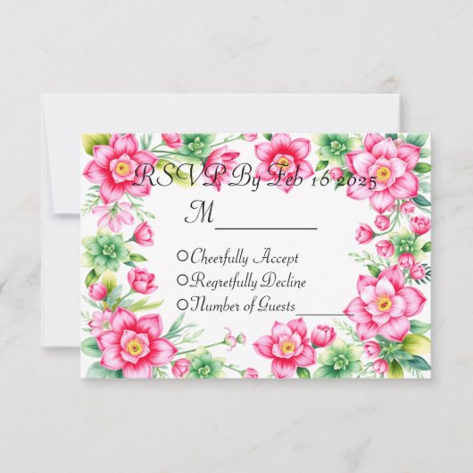 Antwortkarte mit rosa Blume ohne/oder Essensoption RSVP Karte (Vorderseite)