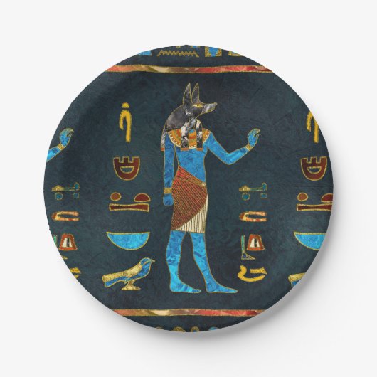 Anubis ägyptisches Gold-, Blaues und Rotesglas Pappteller (Vorderseite)