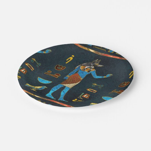 Anubis ägyptisches Gold-, Blaues und Rotesglas Pappteller (Schrägansicht)