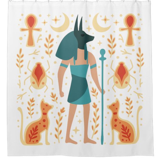 Anubis Ancient Egyptian God Ankh Aquamarin Orange Duschvorhang (Vorderseite)