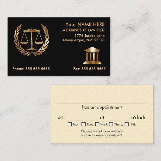 Anwalt bei der Anstellung von "Law Black and Gold" Visitenkarte (Vorne/Hinten)