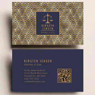 Anwalt QR-Code Blau Gold Geometrisches Deco-Muster Visitenkarte