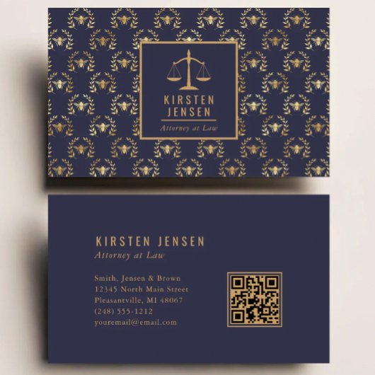 Anwalts-QR-Code Dunkelblau Gold Biene Lorbeer Must Visitenkarte