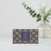 Anwalts-QR-Code Dunkelblau-Gold-Damaskus-Muster Visitenkarte (Stehend Vorderseite)